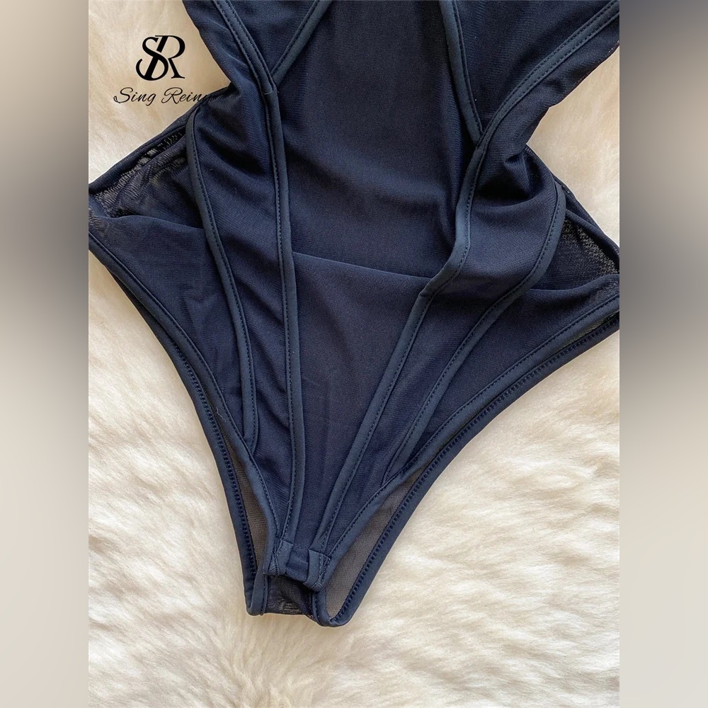 Sheer Mesh Bodysuit | Criss Cross Cutout One Piece - Picture 8 of 8